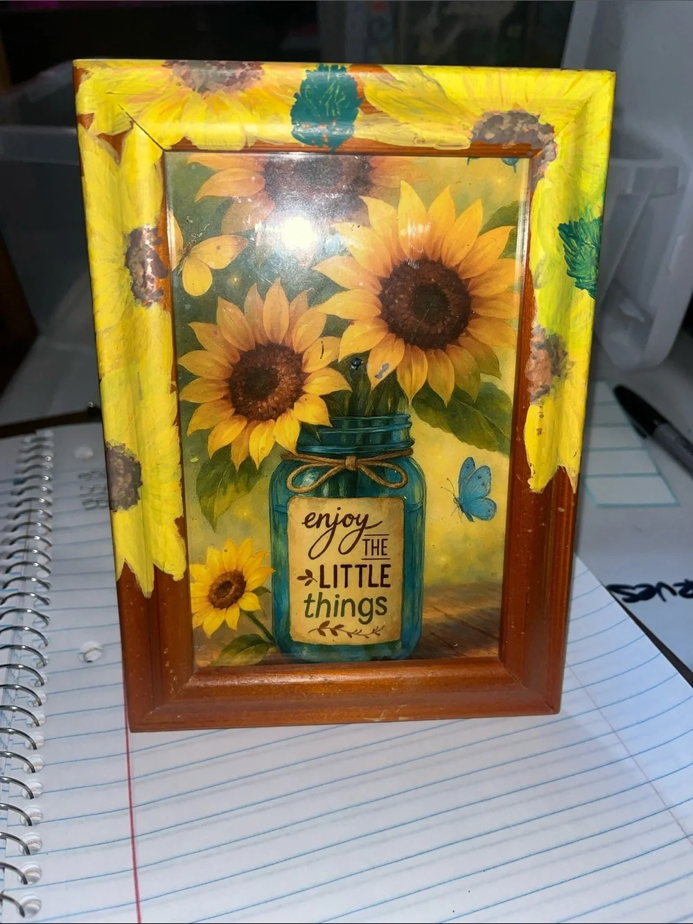 Sunflower Mason Jar Wall Frame – Yellow & Blue Handpainted flowers on frame 555